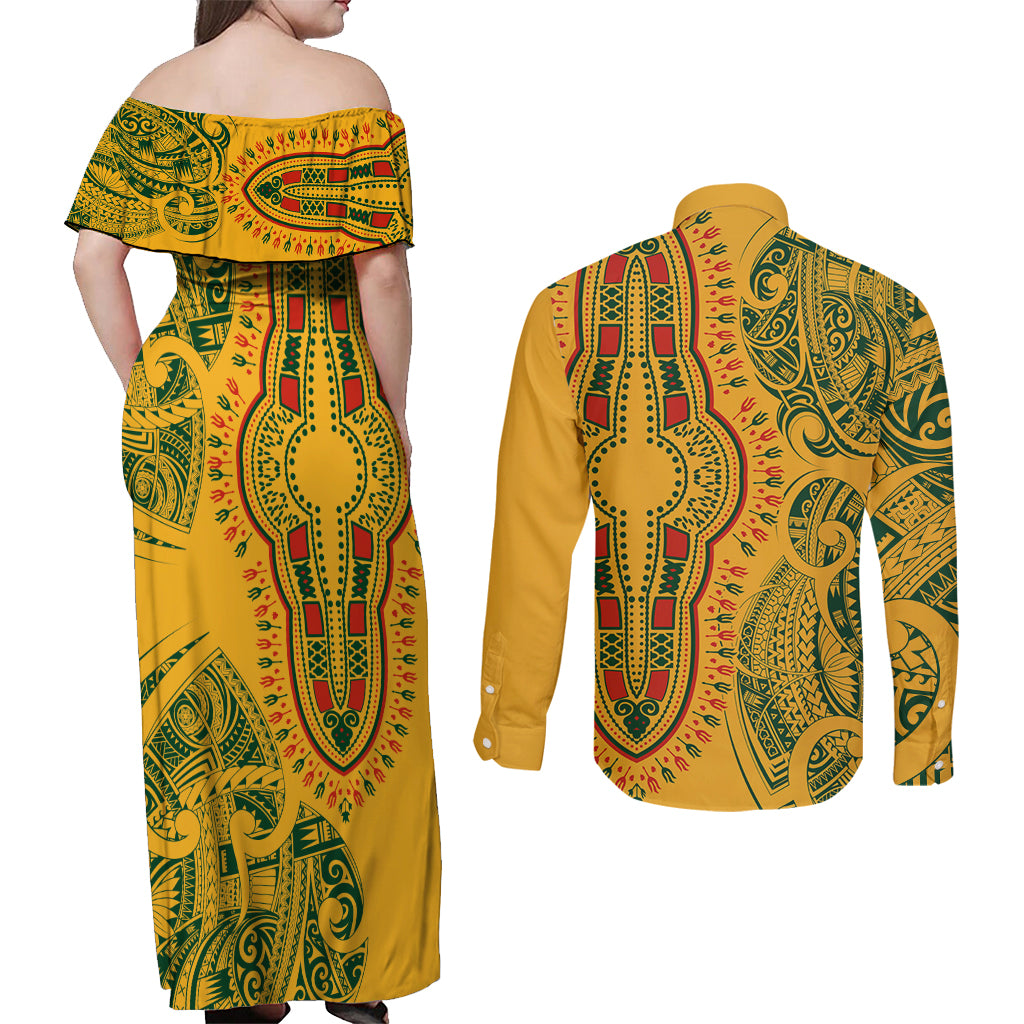 Africa Dashiki Couples Matching Off Shoulder Maxi Dress and Long Sleeve Button Shirts African Tribal Art Mixed Polynesian Tattoo Gold Color Unique LT9 - Polynesian Pride