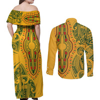 Africa Dashiki Couples Matching Off Shoulder Maxi Dress and Long Sleeve Button Shirts African Tribal Art Mixed Polynesian Tattoo Gold Color Unique LT9 - Polynesian Pride