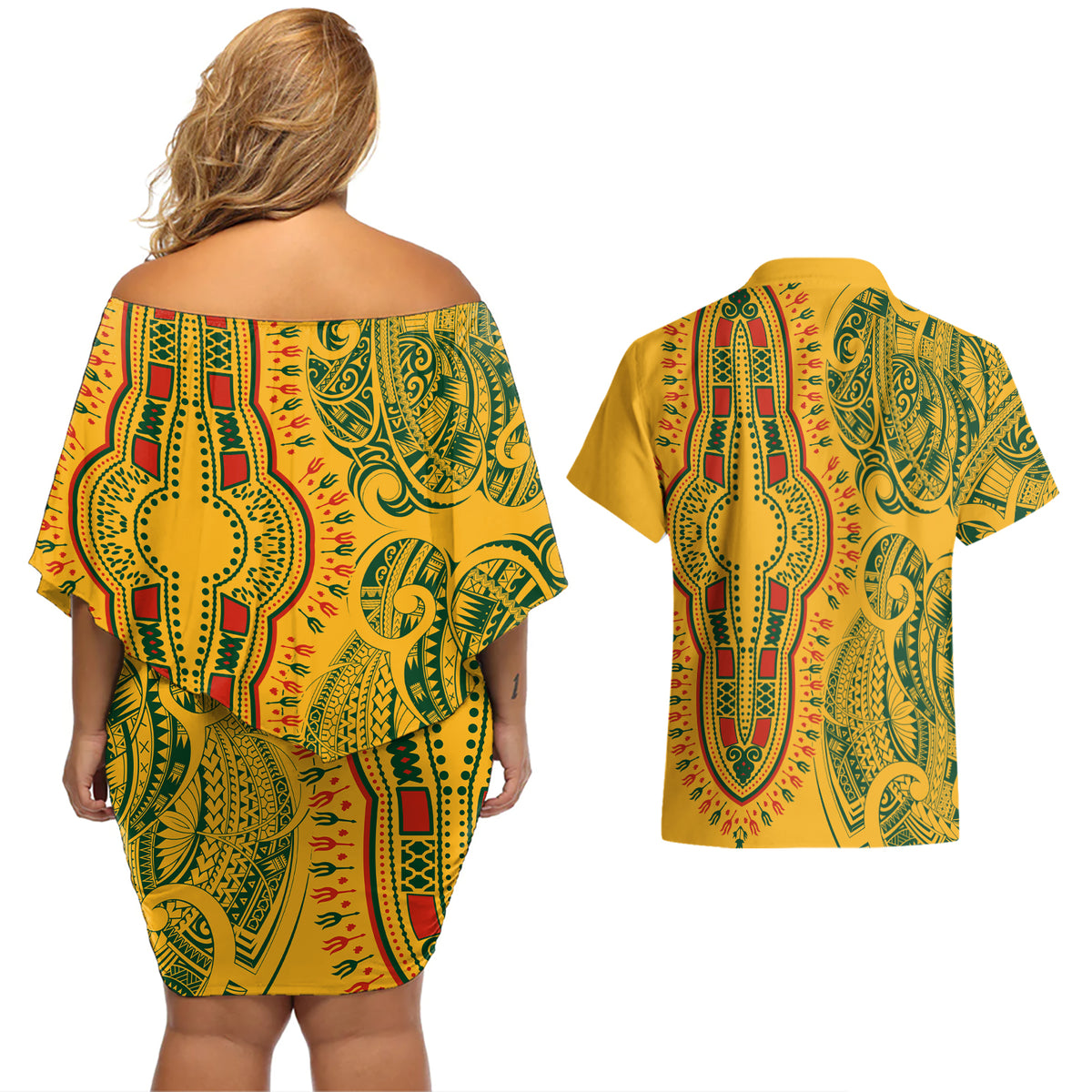 Africa Dashiki Couples Matching Off Shoulder Short Dress and Hawaiian Shirt African Tribal Art Mixed Polynesian Tattoo Gold Color Unique LT9 - Polynesian Pride