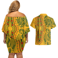 Africa Dashiki Couples Matching Off Shoulder Short Dress and Hawaiian Shirt African Tribal Art Mixed Polynesian Tattoo Gold Color Unique LT9 - Polynesian Pride