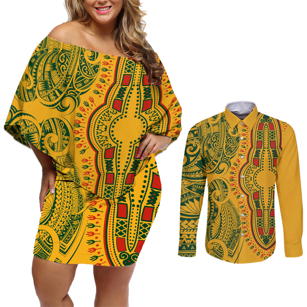 Africa Dashiki Couples Matching Off Shoulder Short Dress and Long Sleeve Button Shirts African Tribal Art Mixed Polynesian Tattoo Gold Color Unique LT9 Gold - Polynesian Pride
