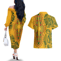 Africa Dashiki Couples Matching Off The Shoulder Long Sleeve Dress and Hawaiian Shirt African Tribal Art Mixed Polynesian Tattoo Gold Color Unique LT9 - Polynesian Pride