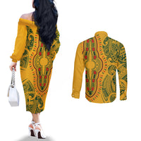 Africa Dashiki Couples Matching Off The Shoulder Long Sleeve Dress and Long Sleeve Button Shirts African Tribal Art Mixed Polynesian Tattoo Gold Color Unique LT9 - Polynesian Pride
