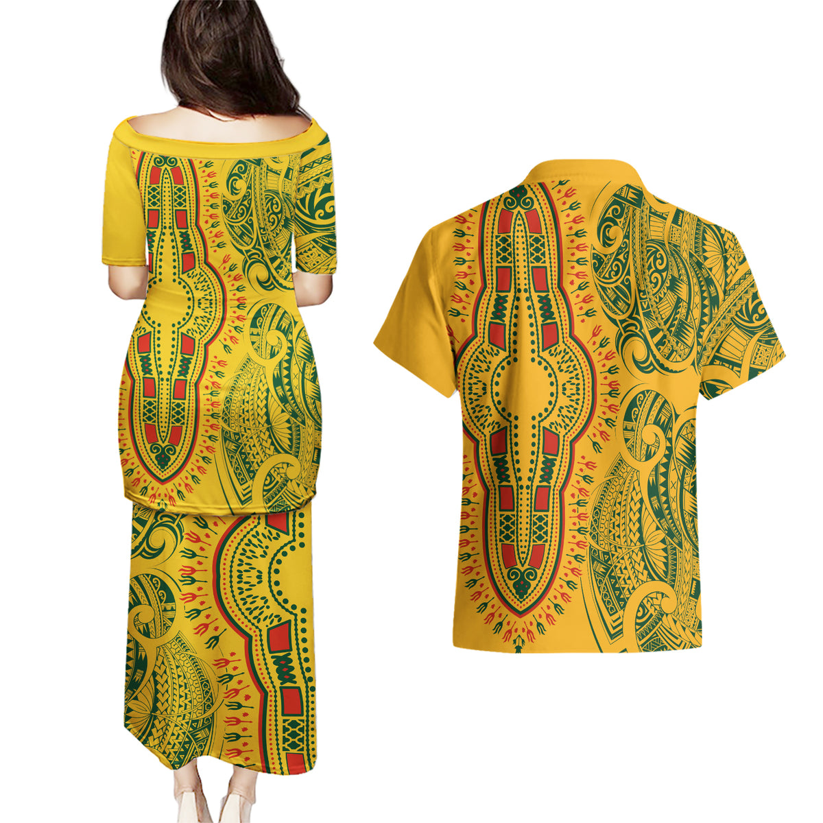 Africa Dashiki Couples Matching Puletasi Dress and Hawaiian Shirt African Tribal Art Mixed Polynesian Tattoo Gold Color Unique LT9 - Polynesian Pride