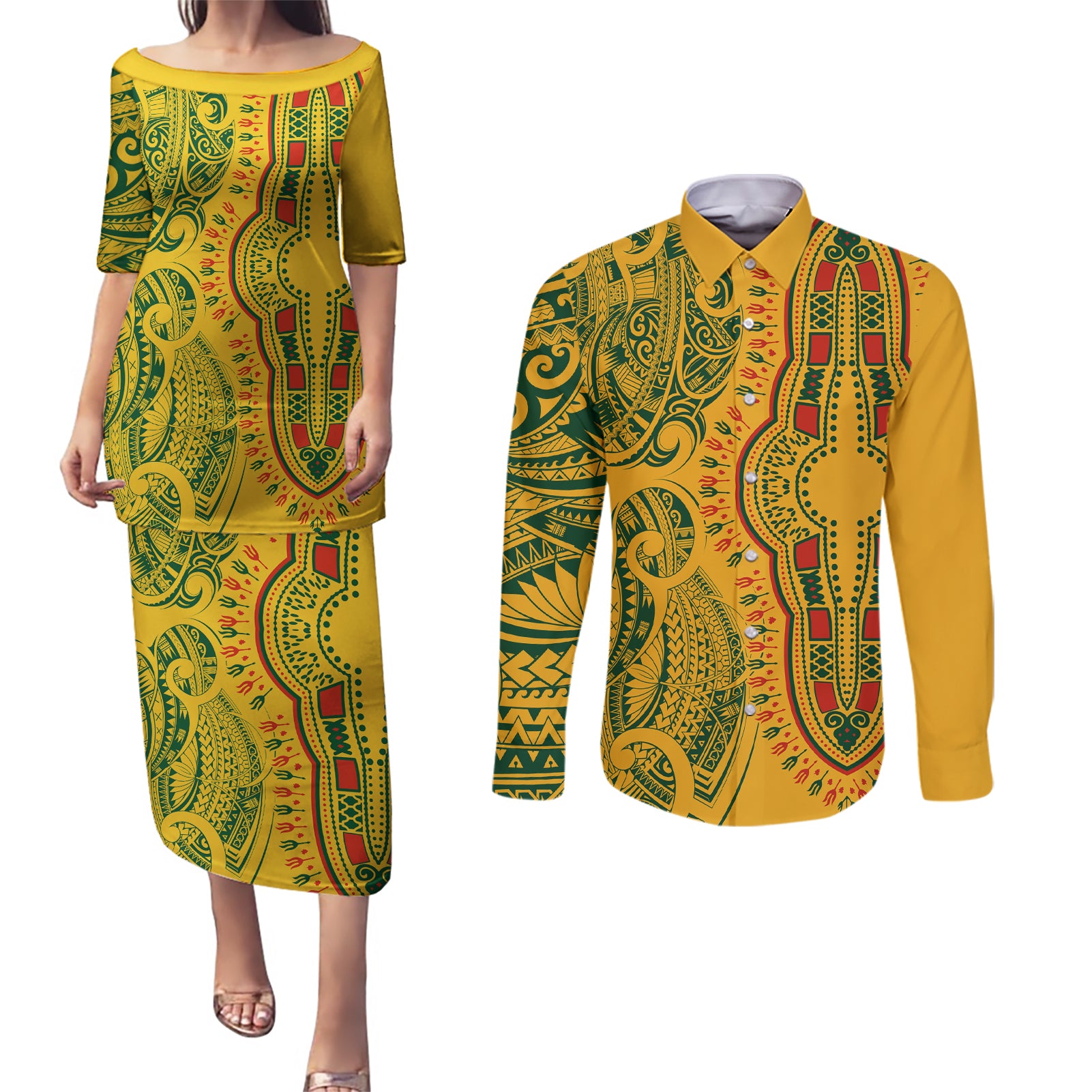 Africa Dashiki Couples Matching Puletasi Dress and Long Sleeve Button Shirts African Tribal Art Mixed Polynesian Tattoo Gold Color Unique LT9 Gold - Polynesian Pride