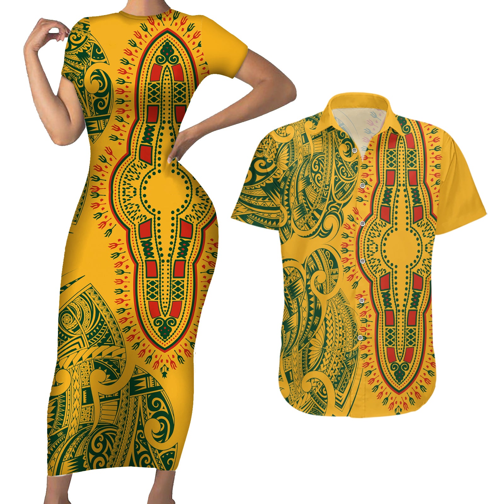 Africa Dashiki Couples Matching Short Sleeve Bodycon Dress and Hawaiian Shirt African Tribal Art Mixed Polynesian Tattoo Gold Color Unique LT9 Gold - Polynesian Pride