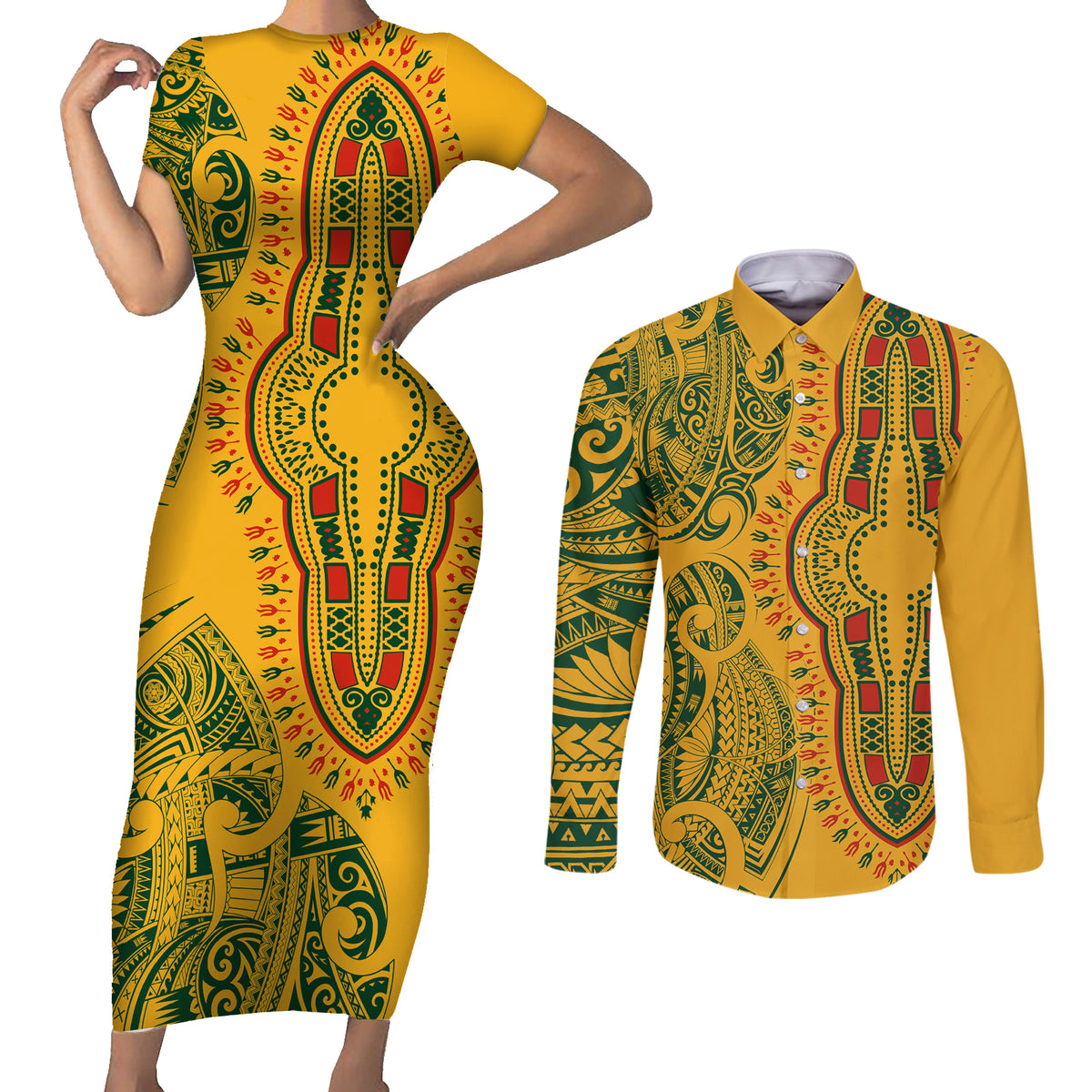 Africa Dashiki Couples Matching Short Sleeve Bodycon Dress and Long Sleeve Button Shirts African Tribal Art Mixed Polynesian Tattoo Gold Color Unique LT9 Gold - Polynesian Pride