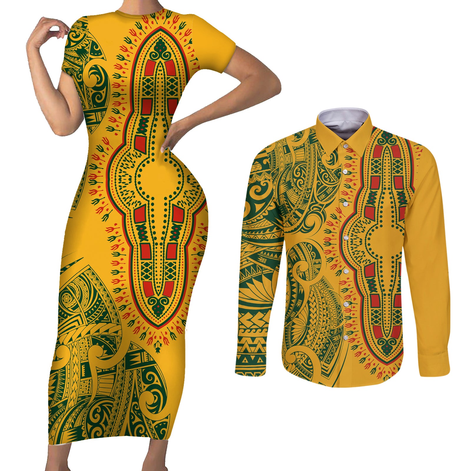 Africa Dashiki Couples Matching Short Sleeve Bodycon Dress and Long Sleeve Button Shirts African Tribal Art Mixed Polynesian Tattoo Gold Color Unique LT9 Gold - Polynesian Pride