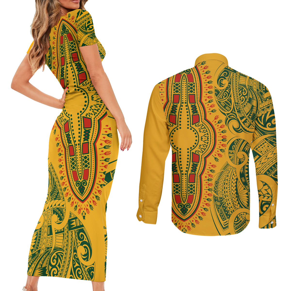 Africa Dashiki Couples Matching Short Sleeve Bodycon Dress and Long Sleeve Button Shirts African Tribal Art Mixed Polynesian Tattoo Gold Color Unique LT9 - Polynesian Pride