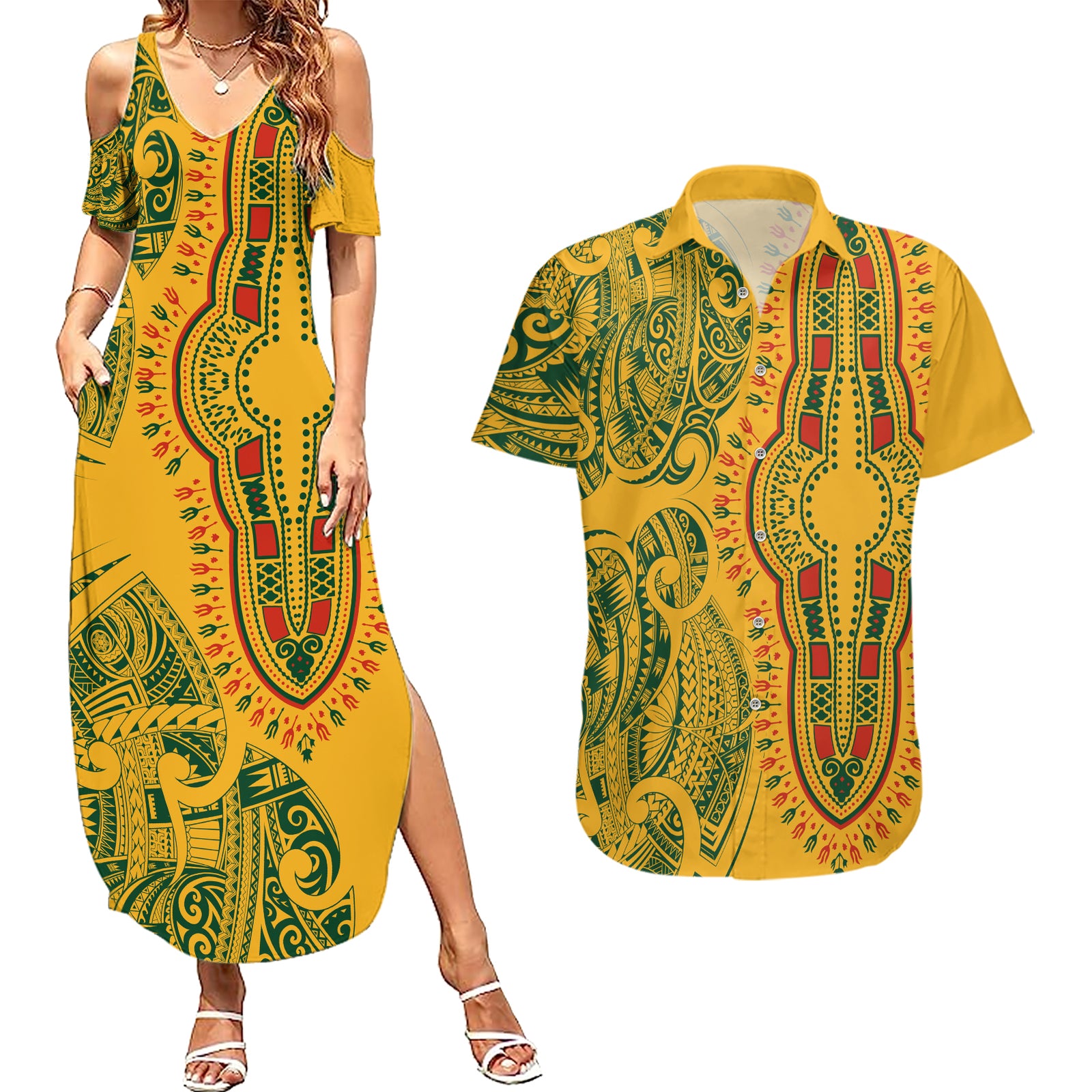 Africa Dashiki Couples Matching Summer Maxi Dress and Hawaiian Shirt African Tribal Art Mixed Polynesian Tattoo Gold Color Unique LT9 Gold - Polynesian Pride