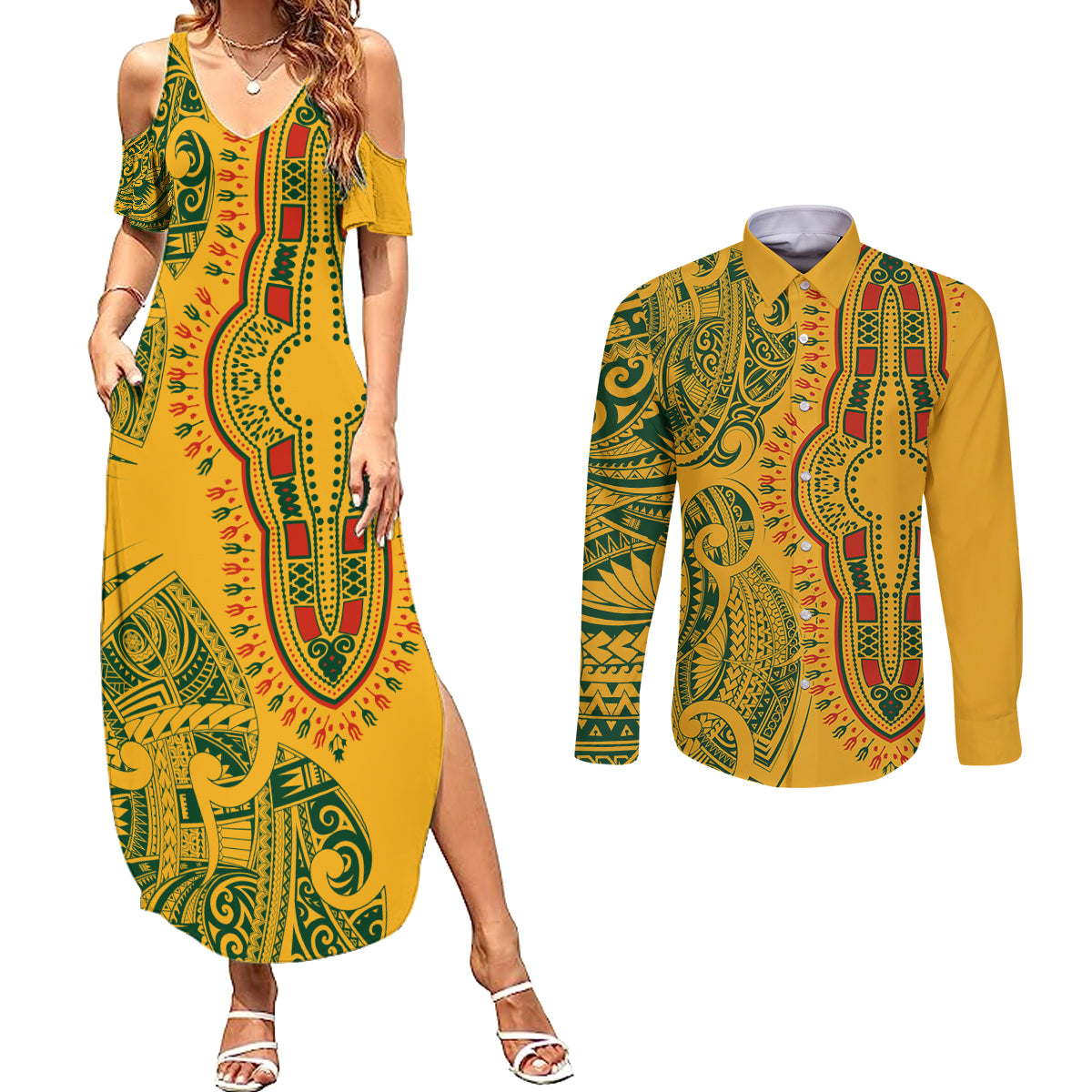 Africa Dashiki Couples Matching Summer Maxi Dress and Long Sleeve Button Shirts African Tribal Art Mixed Polynesian Tattoo Gold Color Unique LT9 Gold - Polynesian Pride