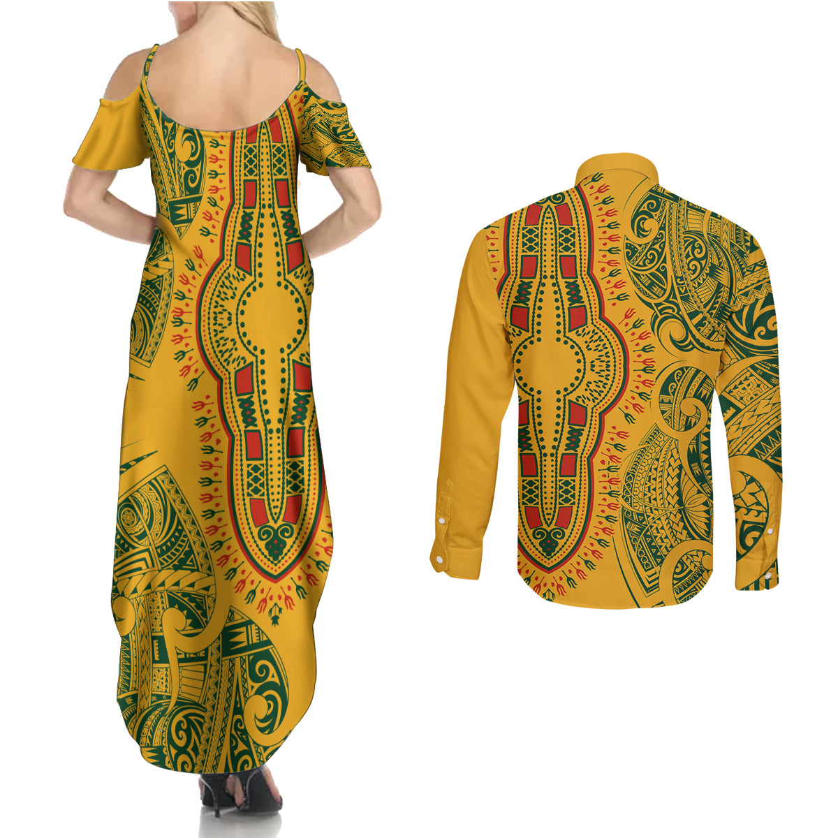 Africa Dashiki Couples Matching Summer Maxi Dress and Long Sleeve Button Shirts African Tribal Art Mixed Polynesian Tattoo Gold Color Unique LT9 - Polynesian Pride
