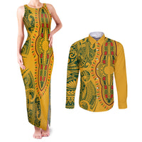Africa Dashiki Couples Matching Tank Maxi Dress and Long Sleeve Button Shirts African Tribal Art Mixed Polynesian Tattoo Gold Color Unique LT9 Gold - Polynesian Pride
