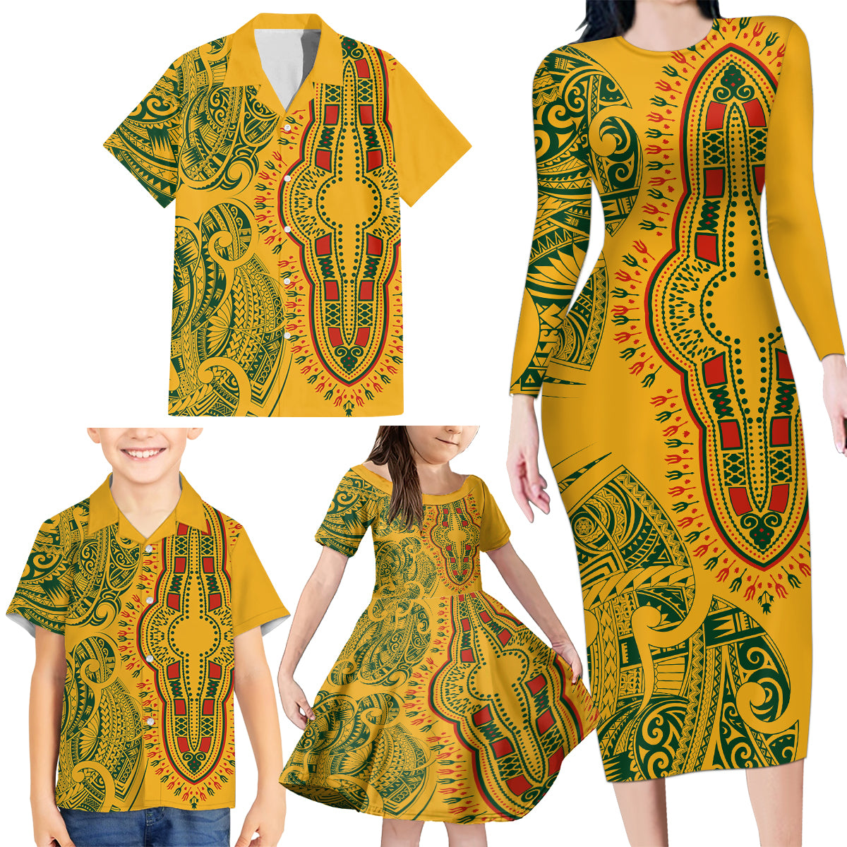 Africa Dashiki Family Matching Long Sleeve Bodycon Dress and Hawaiian Shirt African Tribal Art Mixed Polynesian Tattoo Gold Color Unique LT9 - Polynesian Pride