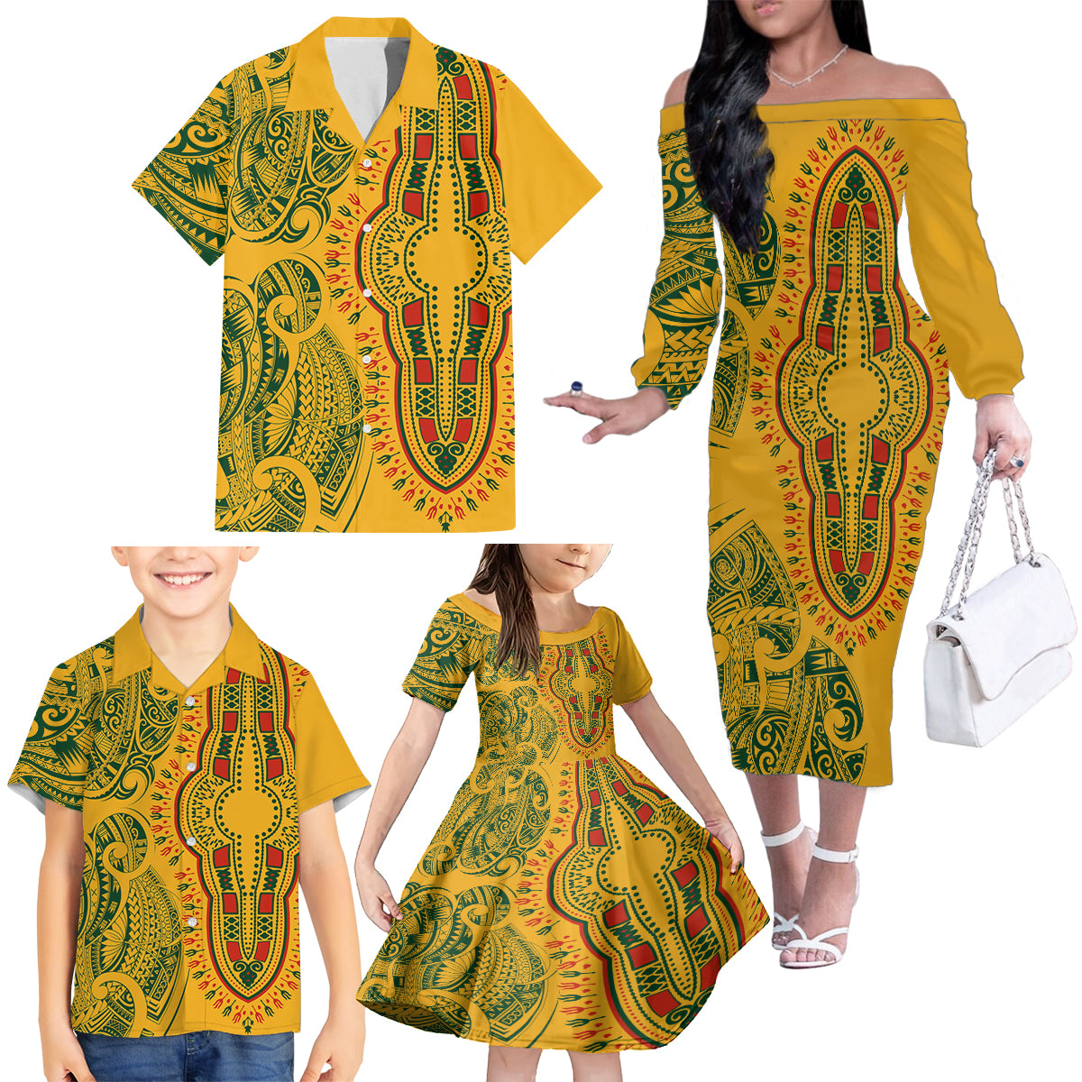 Africa Dashiki Family Matching Off Shoulder Long Sleeve Dress and Hawaiian Shirt African Tribal Art Mixed Polynesian Tattoo Gold Color Unique LT9 - Polynesian Pride