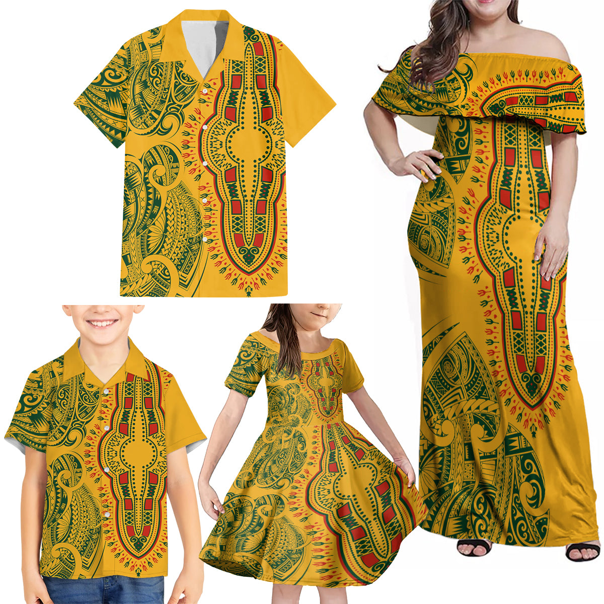 Africa Dashiki Family Matching Off Shoulder Maxi Dress and Hawaiian Shirt African Tribal Art Mixed Polynesian Tattoo Gold Color Unique LT9 - Polynesian Pride