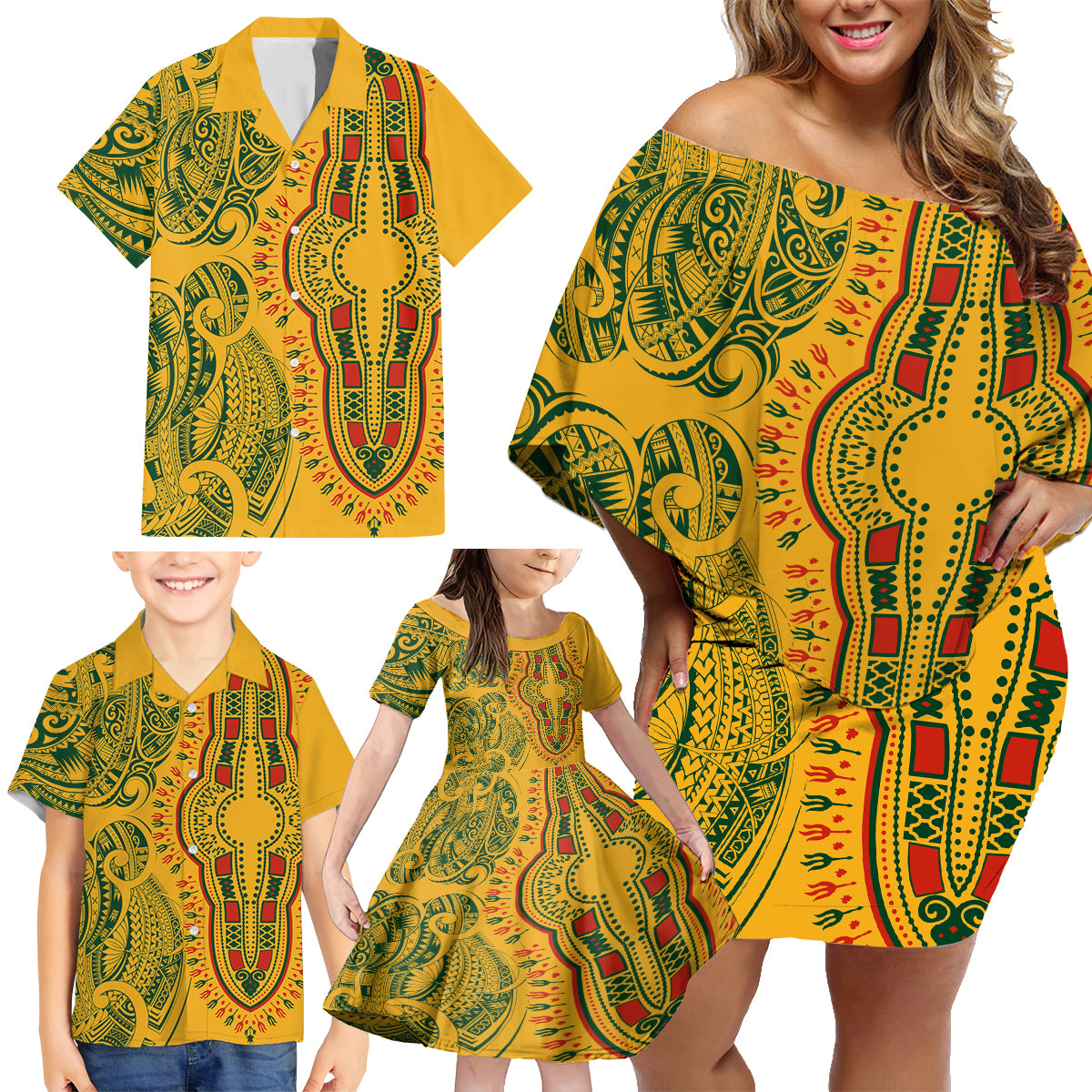 Africa Dashiki Family Matching Off Shoulder Short Dress and Hawaiian Shirt African Tribal Art Mixed Polynesian Tattoo Gold Color Unique LT9 - Polynesian Pride