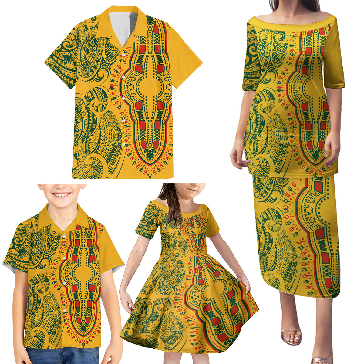 Africa Dashiki Family Matching Puletasi Dress and Hawaiian Shirt African Tribal Art Mixed Polynesian Tattoo Gold Color Unique LT9 - Polynesian Pride