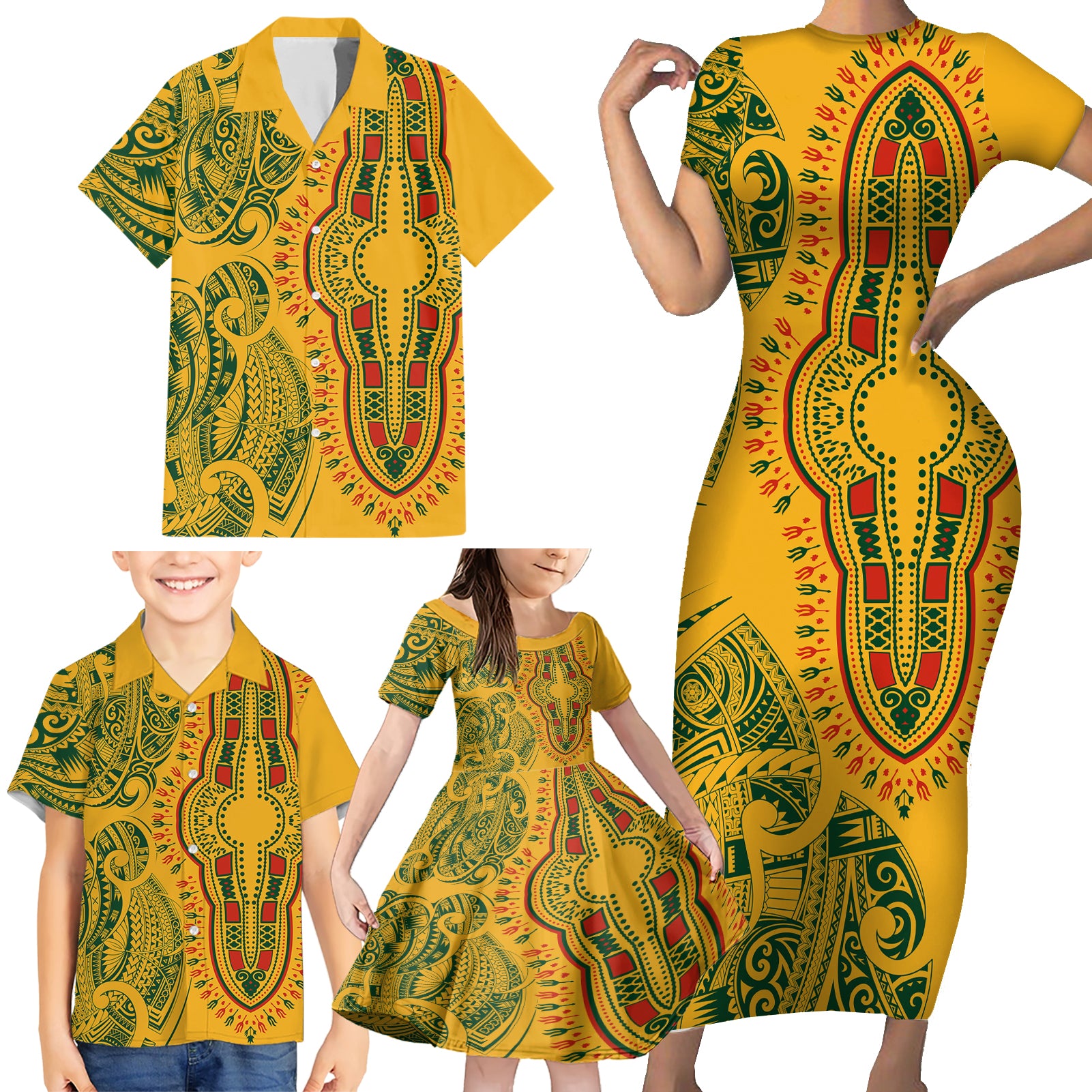 Africa Dashiki Family Matching Short Sleeve Bodycon Dress and Hawaiian Shirt African Tribal Art Mixed Polynesian Tattoo Gold Color Unique LT9 - Polynesian Pride