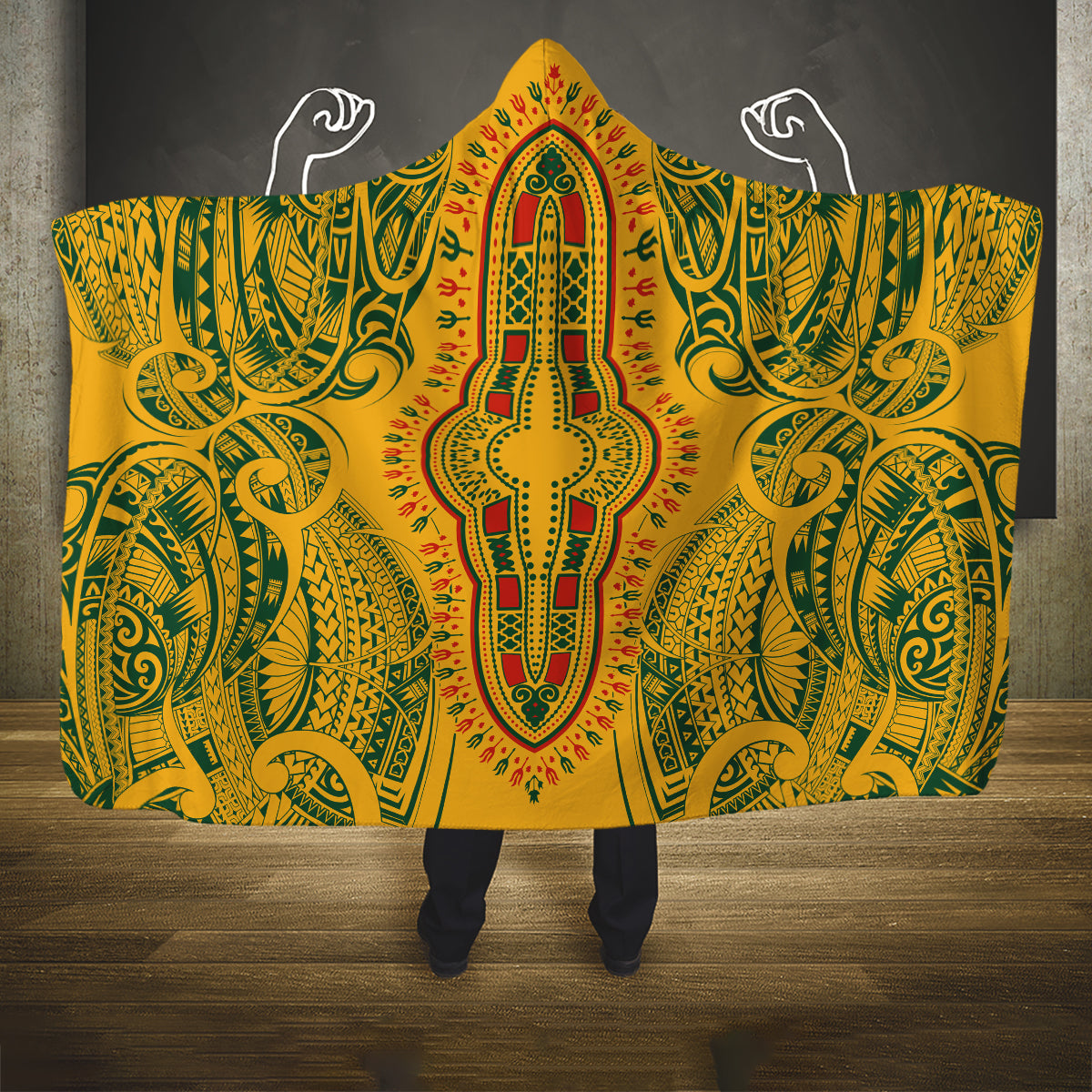 Africa Dashiki Hooded Blanket African Tribal Art Mixed Polynesian Tattoo Gold Color Unique LT9 One Size Gold - Polynesian Pride