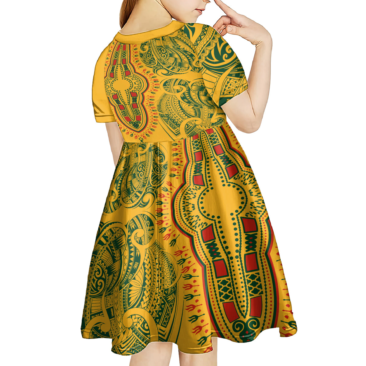 Africa Dashiki Kid Short Sleeve Dress African Tribal Art Mixed Polynesian Tattoo Gold Color Unique LT9 - Polynesian Pride