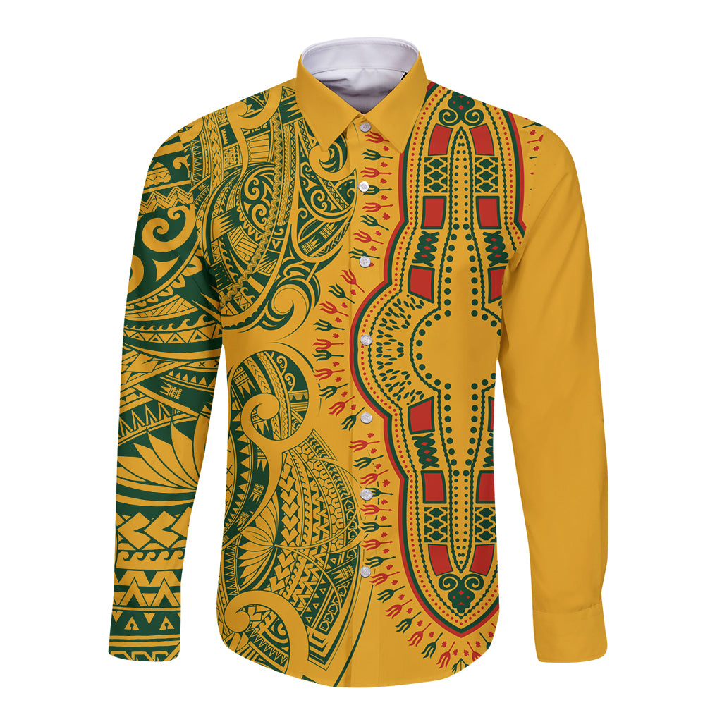 Africa Dashiki Long Sleeve Button Shirt African Tribal Art Mixed Polynesian Tattoo Gold Color Unique LT9 Unisex Gold - Polynesian Pride