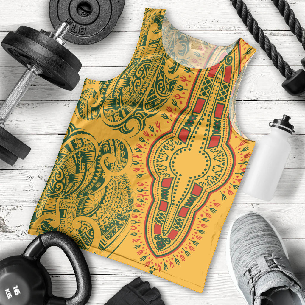 Africa Dashiki Men Tank Top African Tribal Art Mixed Polynesian Tattoo Gold Color Unique LT9 Gold - Polynesian Pride