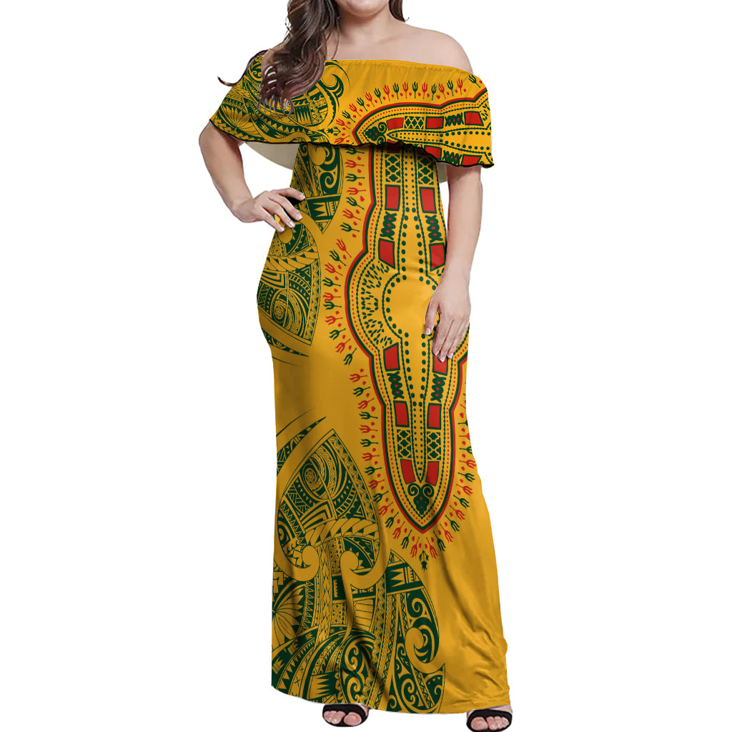 Africa Dashiki Off Shoulder Maxi Dress African Tribal Art Mixed Polynesian Tattoo Gold Color Unique LT9 Women Gold - Polynesian Pride