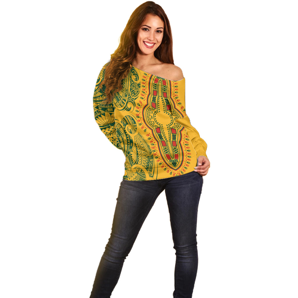 Africa Dashiki Off Shoulder Sweater African Tribal Art Mixed Polynesian Tattoo Gold Color Unique LT9 - Polynesian Pride