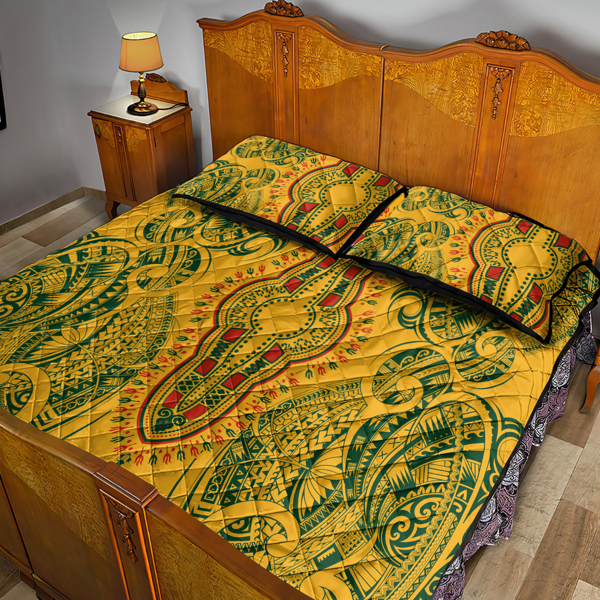 Africa Dashiki Quilt Bed Set African Tribal Art Mixed Polynesian Tattoo Gold Color Unique LT9 - Polynesian Pride
