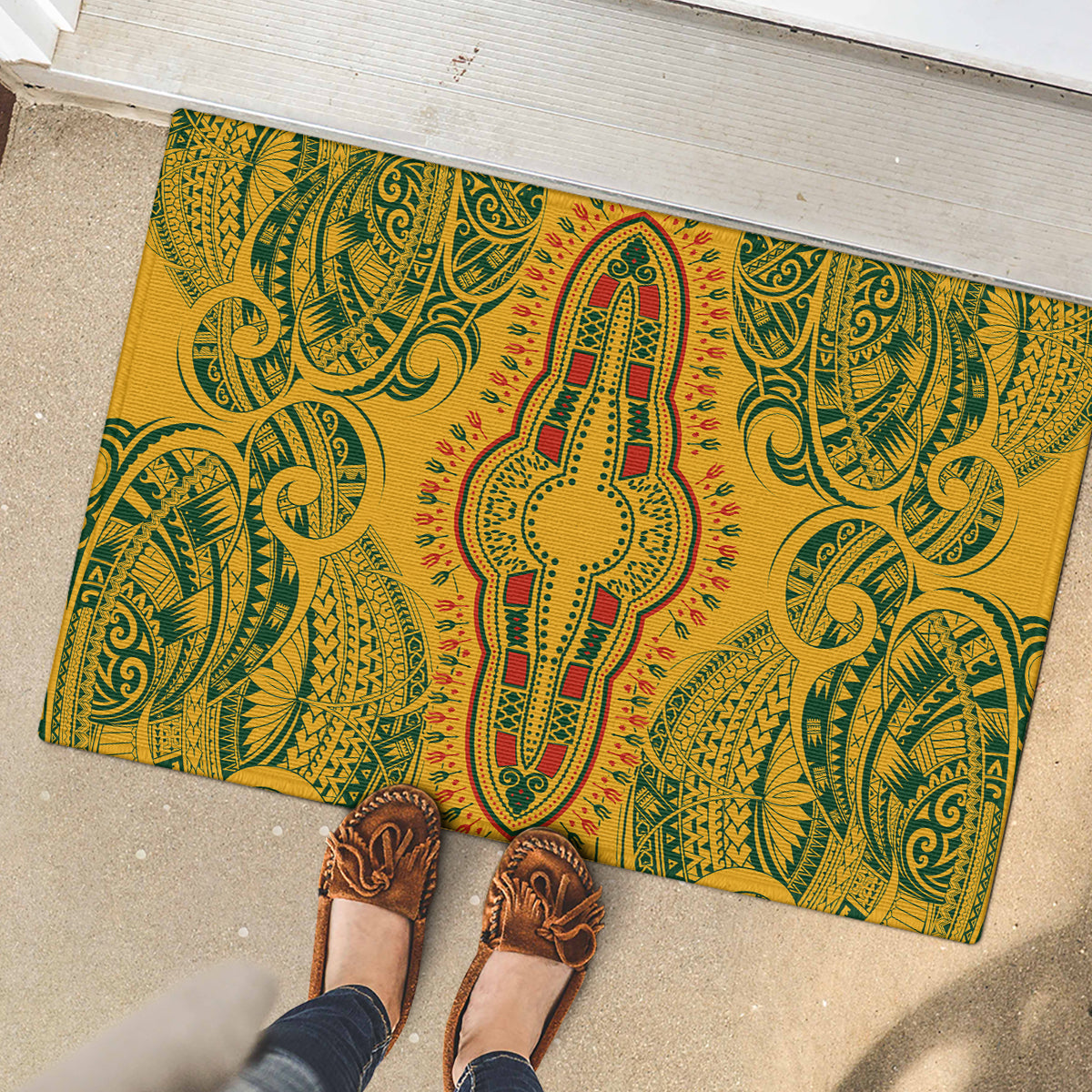 Africa Dashiki Rubber Doormat African Tribal Art Mixed Polynesian Tattoo Gold Color Unique LT9 - Polynesian Pride