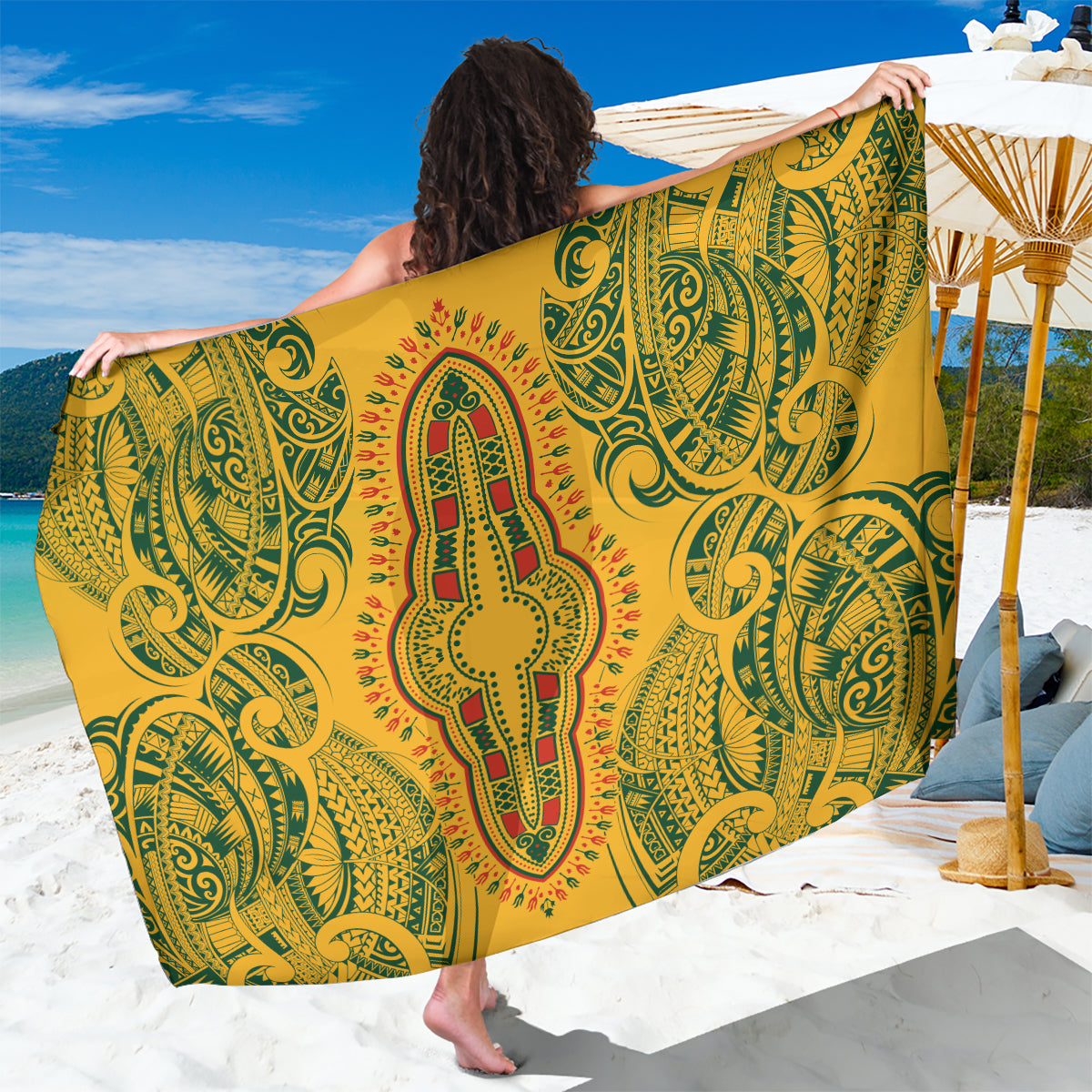 Africa Dashiki Sarong African Tribal Art Mixed Polynesian Tattoo Gold Color Unique LT9 One Size 44 x 66 inches Gold - Polynesian Pride