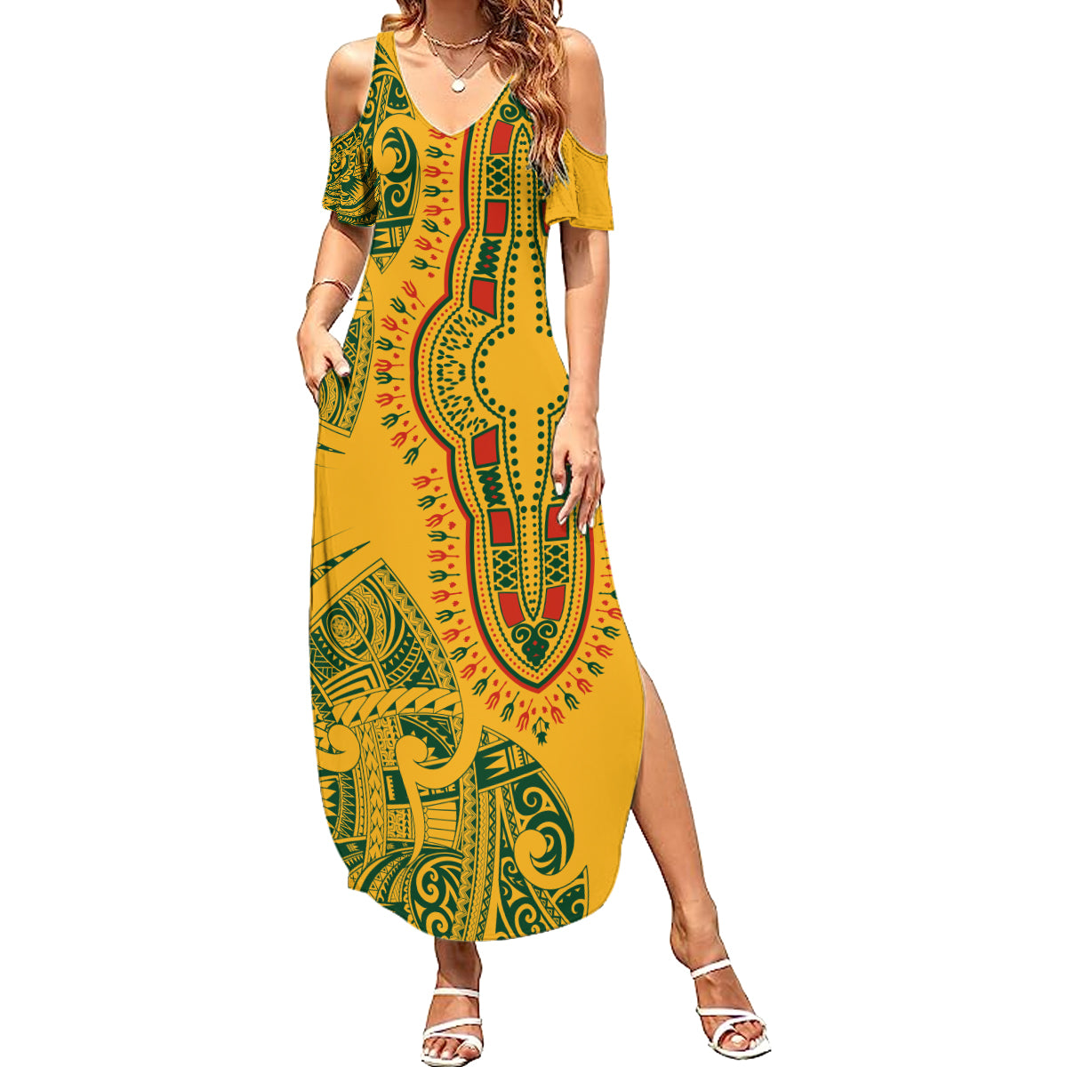 Africa Dashiki Summer Maxi Dress African Tribal Art Mixed Polynesian Tattoo Gold Color Unique LT9 Women Gold - Polynesian Pride