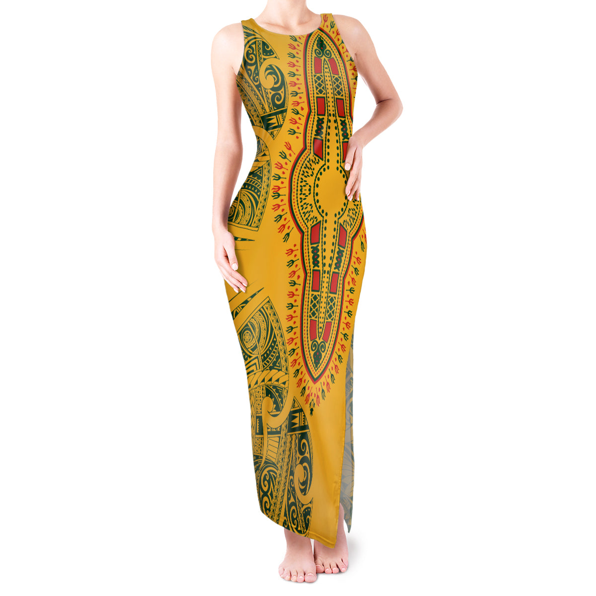 Africa Dashiki Tank Maxi Dress African Tribal Art Mixed Polynesian Tattoo Gold Color Unique LT9 Women Gold - Polynesian Pride