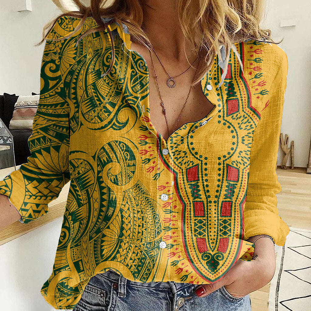 Africa Dashiki Women Casual Shirt African Tribal Art Mixed Polynesian Tattoo Gold Color Unique LT9 Female Gold - Polynesian Pride