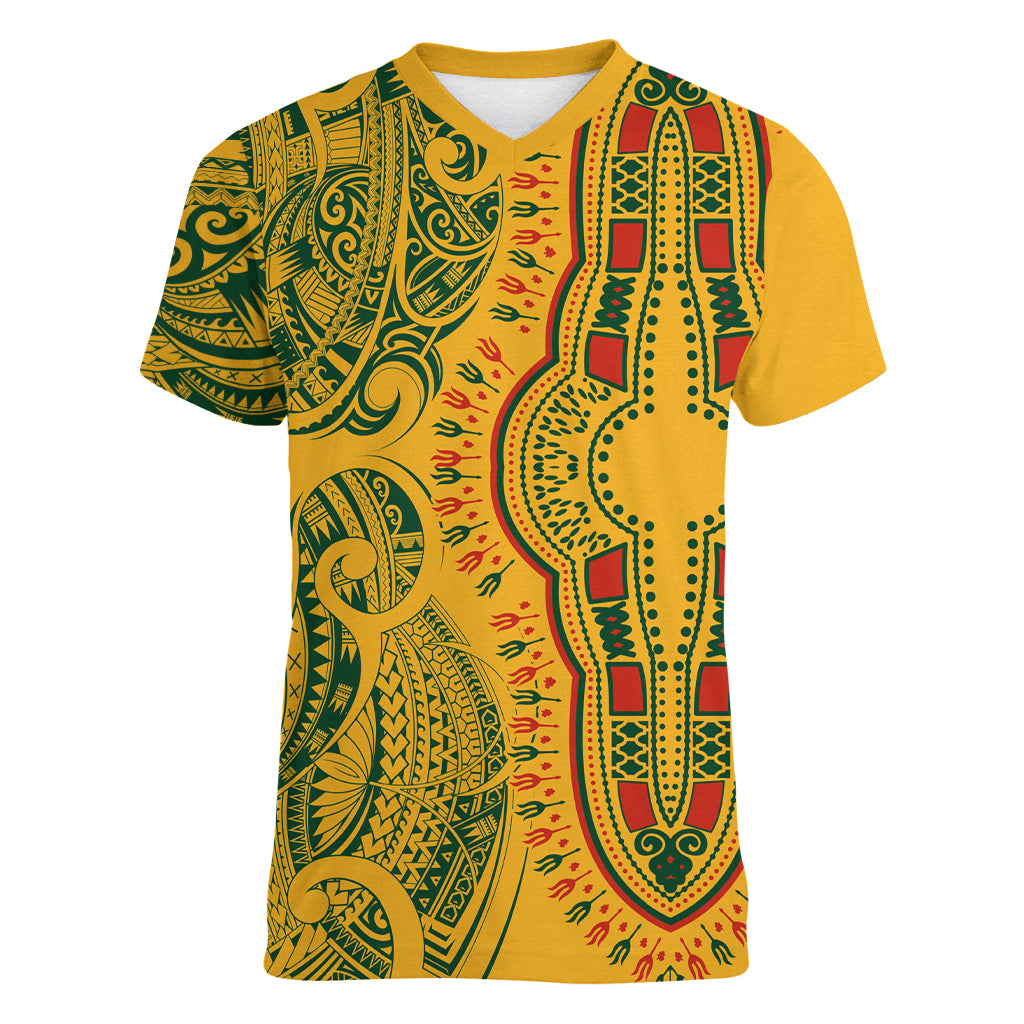 Africa Dashiki Women V Neck T Shirt African Tribal Art Mixed Polynesian Tattoo Gold Color Unique LT9 Female Gold - Polynesian Pride