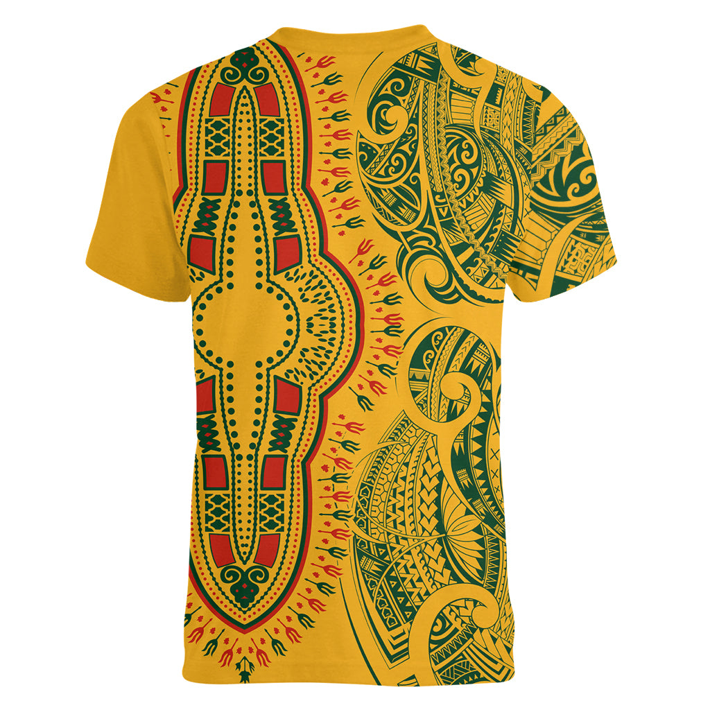 Africa Dashiki Women V Neck T Shirt African Tribal Art Mixed Polynesian Tattoo Gold Color Unique LT9 - Polynesian Pride