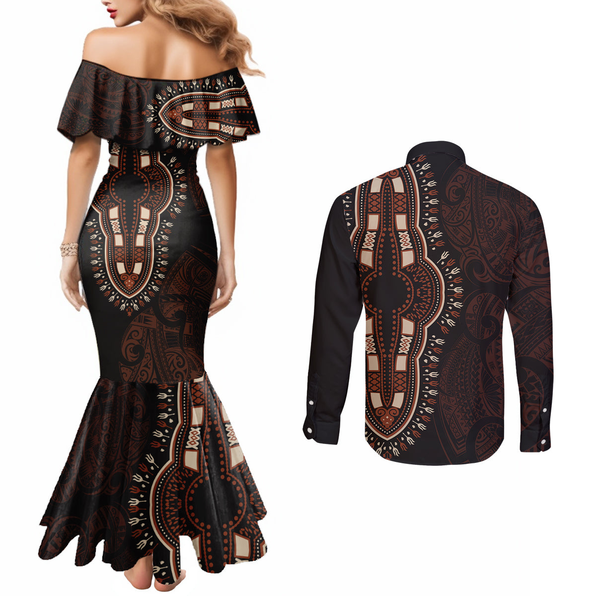 Africa Dashiki Couples Matching Mermaid Dress and Long Sleeve Button Shirts African Tribal Art Mixed Polynesian Tattoo Red Color Unique LT9 - Polynesian Pride