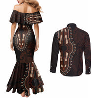 Africa Dashiki Couples Matching Mermaid Dress and Long Sleeve Button Shirts African Tribal Art Mixed Polynesian Tattoo Red Color Unique LT9 - Polynesian Pride
