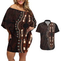 Africa Dashiki Couples Matching Off Shoulder Short Dress and Hawaiian Shirt African Tribal Art Mixed Polynesian Tattoo Red Color Unique LT9 Red - Polynesian Pride