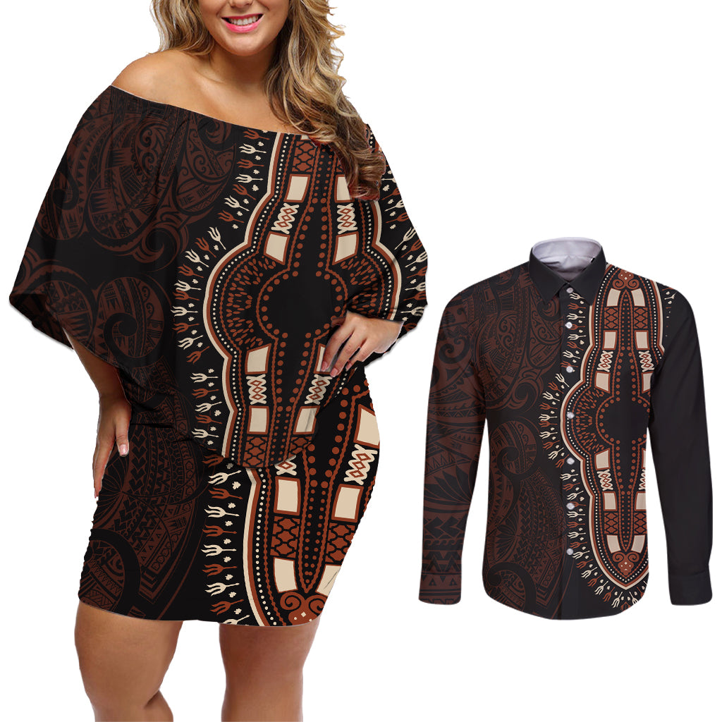 Africa Dashiki Couples Matching Off Shoulder Short Dress and Long Sleeve Button Shirts African Tribal Art Mixed Polynesian Tattoo Red Color Unique LT9 Red - Polynesian Pride