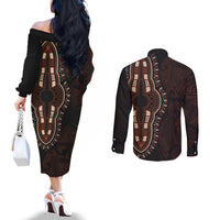 Africa Dashiki Couples Matching Off The Shoulder Long Sleeve Dress and Long Sleeve Button Shirts African Tribal Art Mixed Polynesian Tattoo Red Color Unique LT9 - Polynesian Pride