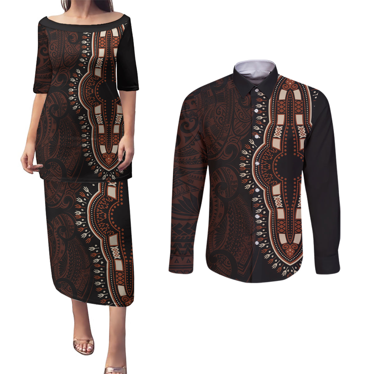 Africa Dashiki Couples Matching Puletasi Dress and Long Sleeve Button Shirts African Tribal Art Mixed Polynesian Tattoo Red Color Unique LT9 Red - Polynesian Pride