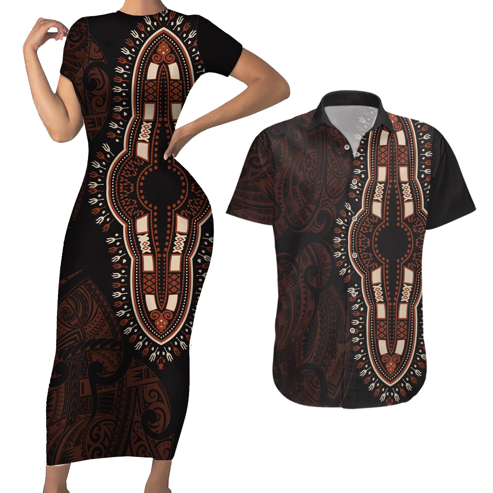 Africa Dashiki Couples Matching Short Sleeve Bodycon Dress and Hawaiian Shirt African Tribal Art Mixed Polynesian Tattoo Red Color Unique LT9 Red - Polynesian Pride