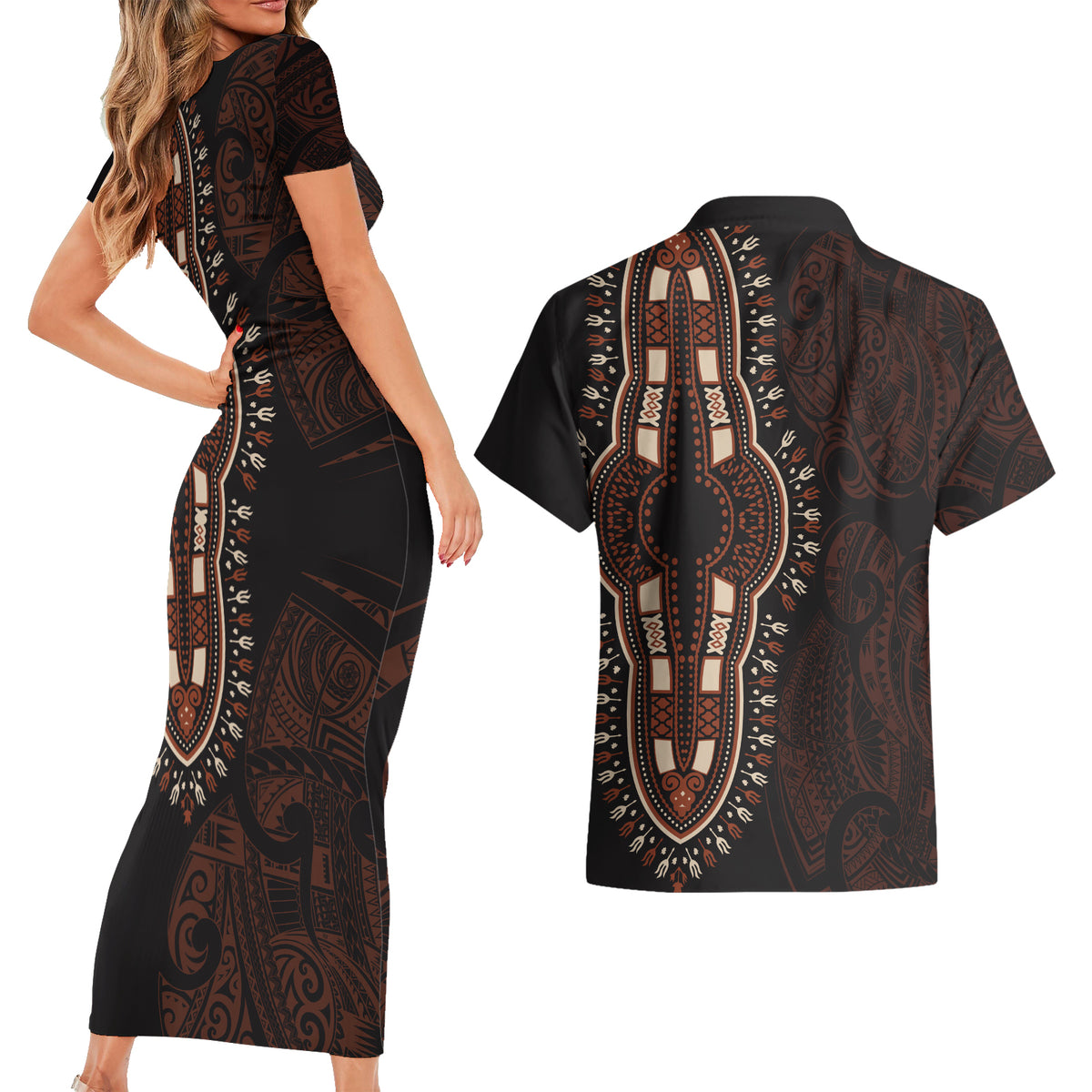 Africa Dashiki Couples Matching Short Sleeve Bodycon Dress and Hawaiian Shirt African Tribal Art Mixed Polynesian Tattoo Red Color Unique LT9 - Polynesian Pride