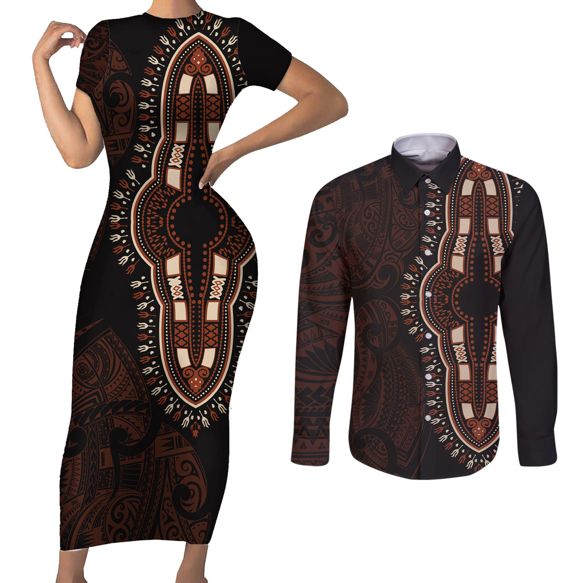 Africa Dashiki Couples Matching Short Sleeve Bodycon Dress and Long Sleeve Button Shirts African Tribal Art Mixed Polynesian Tattoo Red Color Unique LT9 Red - Polynesian Pride