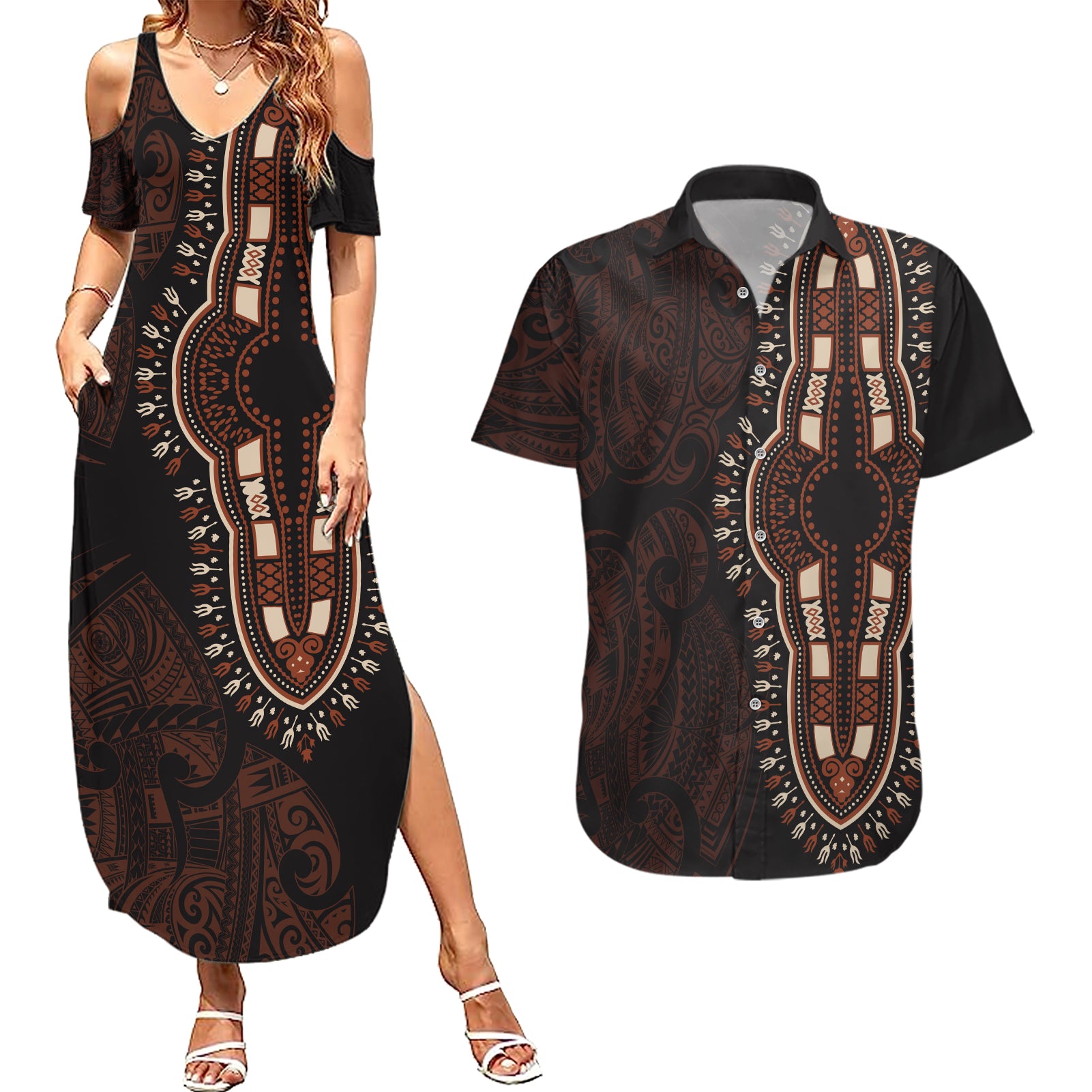 Africa Dashiki Couples Matching Summer Maxi Dress and Hawaiian Shirt African Tribal Art Mixed Polynesian Tattoo Red Color Unique LT9 Red - Polynesian Pride