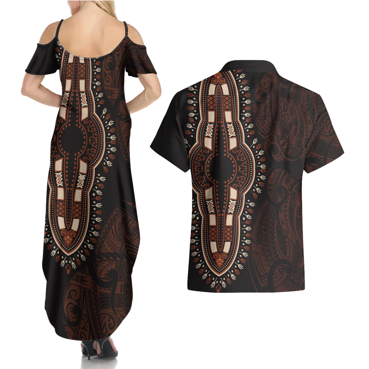 Africa Dashiki Couples Matching Summer Maxi Dress and Hawaiian Shirt African Tribal Art Mixed Polynesian Tattoo Red Color Unique LT9 - Polynesian Pride