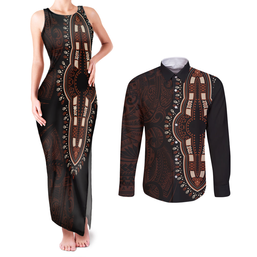 Africa Dashiki Couples Matching Tank Maxi Dress and Long Sleeve Button Shirts African Tribal Art Mixed Polynesian Tattoo Red Color Unique LT9 Red - Polynesian Pride