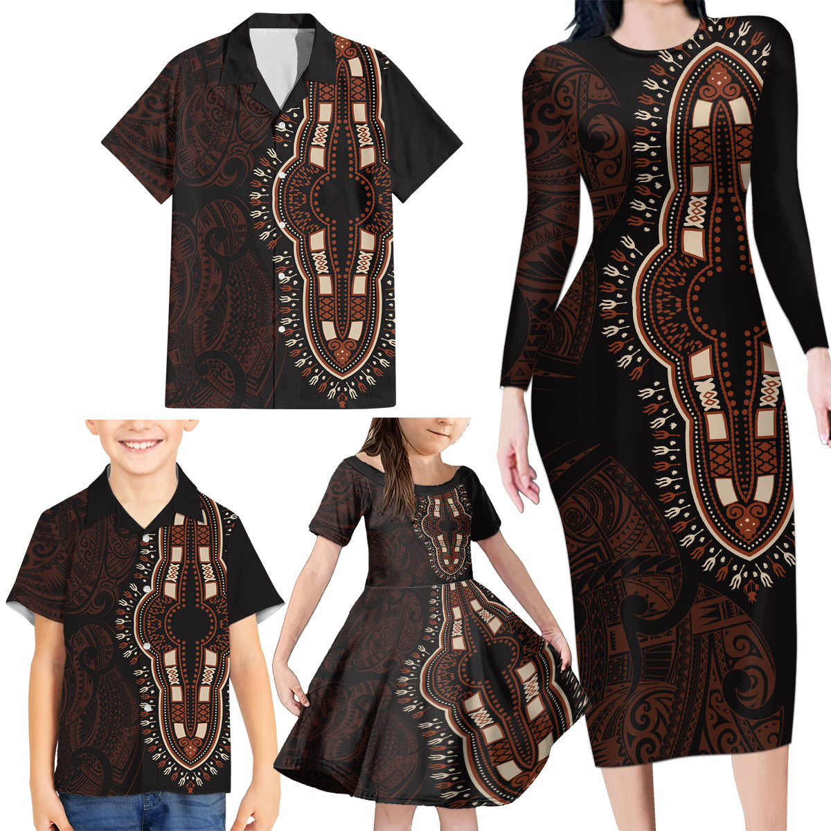 Africa Dashiki Family Matching Long Sleeve Bodycon Dress and Hawaiian Shirt African Tribal Art Mixed Polynesian Tattoo Red Color Unique LT9 - Polynesian Pride